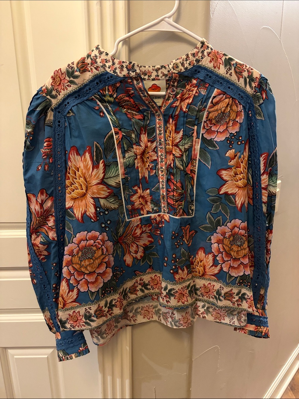 FARM Rio Blue Floral Lace-Trim Peasant Blouse